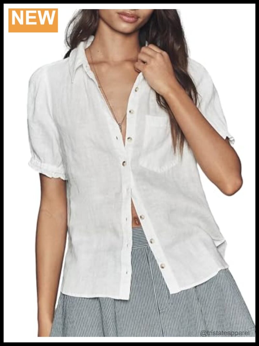 Women's Linen Short Sleeve Blouse with Puff Sleeves and Pockets - Lightweight